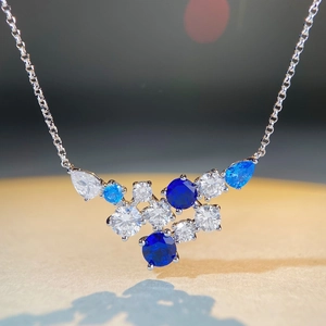 Elegant S925 sterling silver necklace with triangular blue aquamarine and zircon pendant