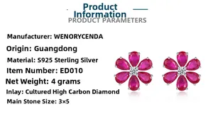 Detail of S925 silver flower earrings with ruby stones and high carbon diamonds