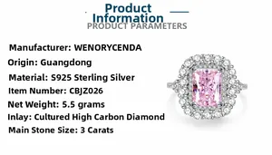 Detail of 3ct radiant cut pink crystal ring in S925 sterling silver with halo setting