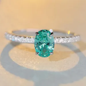 Bague Élégante en Argent Sterling 925 pour Femme Style Paraiba Ovale Pierre Bleu Vert Incrustée de Strass Bijoux Mode Quotidienne