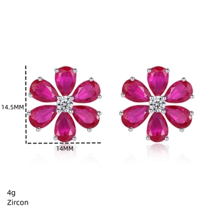 Detailed view of S925 silver flower stud earrings with pink and clear zircon stones