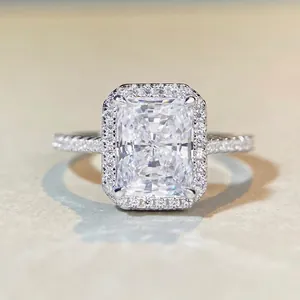 925 Sterling Silver Radiant Cut Halo Ring For Women White Pink Yellow Red Green Cubic Zirconia Rhinestone Wedding Engagement Band