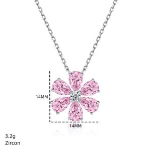 Detail of pink zircon flower pendant with 14mm dimensions and S925 silver chain