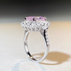 Pink cushion cut diamond ring with double halo pavé setting in s925 sterling silver