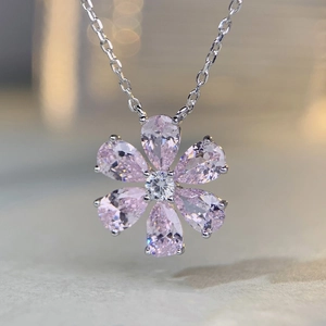 Elegant s925 silver necklace with pink zirconia flower pendant for women in minimalist style