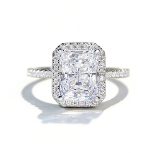 Radiant cut S925 sterling silver halo ring with pavé moissanite for wedding engagement
