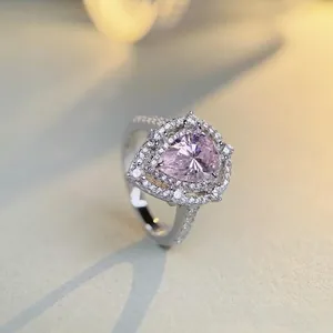 Elegant S925 silver ring featuring a 3-carat pink pear-cut gemstone with double halo stones
