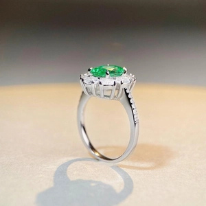 Oval Paraiba green stone ring with halo diamond setting in 925 sterling silver