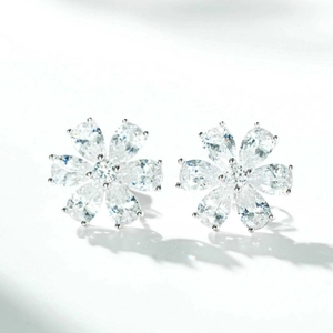 Elegant S925 silver daisy stud earrings featuring brilliant six-petal flower crystals