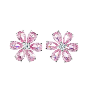 S925 sterling silver flower stud earrings with pink pear-cut petals and white center