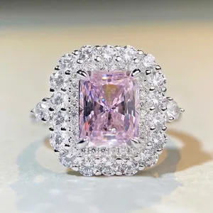 Luxurious 925 Sterling Silver Rectangular Rhinestone Halo Ring For Women Pink Yellow White Gemstone Wedding Jewelry Pave Band