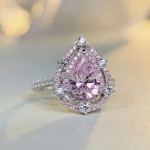 Luxurious S925 Sterling Silver Pear Cut Pink Gemstone Halo Ring For Women Rhinestone Inlaid Double Halo Water Drop Finger Ring