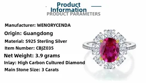 Detail of 3ct oval ruby silver ring featuring S925 hallmark and high carbon diamonds