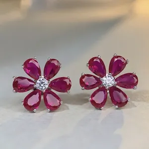 S925 Sterling Silver Flower Stud Earrings For Women Camellia Daisy Rhinestone Inlaid Flower Pendant Necklace Jewelry Fashion Silver Accessories