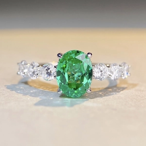 3ct oval green gemstone ring in s925 sterling silver with side diamond accents