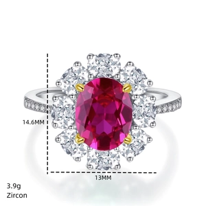 Macro detail of oval ruby 925 silver ring showing size 14.6mm x 13mm and 3.9g weight