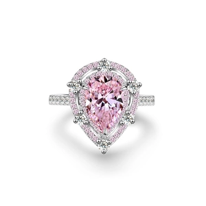 Pear cut pink gemstone s925 silver ring with double halo pavé crystals for women