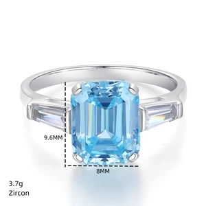 Macro view of 3.7g silver ring with rectangle blue zircon and side square gemstones