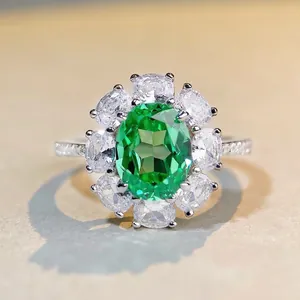 Luxury 925 Sterling Silver Green Rhinestone Halo Ring For Women Floral Petal Anniversary Engagement Finger Ring Jewelry
