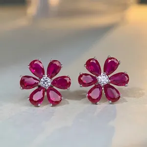 S925 sterling silver flower stud earrings with ruby red petals and cz centerpiece