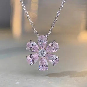 Minimalist S925 sterling silver necklace with pink zircon flower pendant for women