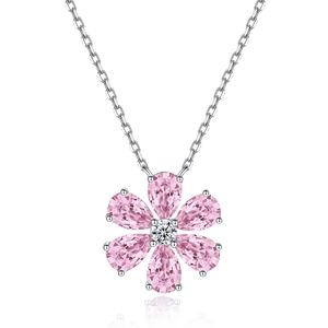 Pink zircon flower pendant necklace in S925 sterling silver with a delicate cable chain