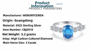 Detail of 3 carat oval blue lab-grown sapphire ring in S925 sterling silver with side stones