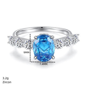 Macro view of 9x7.4mm oval blue zircon ring in S925 silver weighing 3.2g