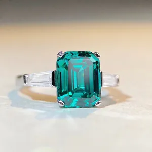 925 Sterling Silver Rhinestone Ring Emerald Cut Emerald Green Blue White Gemstones Elegant Finger Ring For Women Party Jewelry