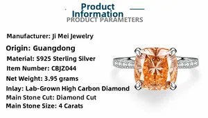 Detail specifications of 4ct orange cushion-cut high carbon diamond ring in S925 silver