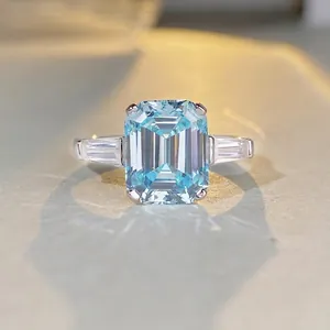 925 Sterling Silver Emerald Cut Rhinestone Ring For Women Classic Three Stone Aquamarine Style Geometric Jewelry Gift