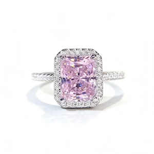 925 silver radiant cut pink square gemstone ring with white diamond halo and paved band