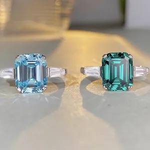 Emerald cut aquamarine and green zircon S925 sterling silver rings in three-stone setting