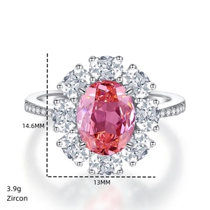 Detailed view of sunflower pink zircon ring with dimensions 14.6mm by 13mm and 3.9g weight