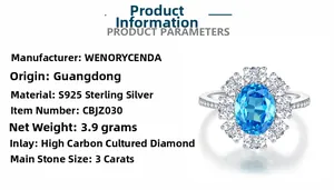 S925 silver ring featuring a 3ct oval aquamarine stone with halo diamond setting details
