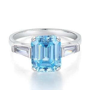 Elegant S925 sterling silver ring with 6ct aquamarine blue emerald cut zircon stone
