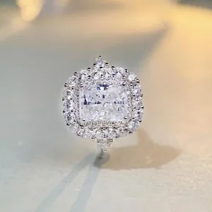 Luxurious S925 sterling silver ring with 3 carat radiant cut zircon and halo diamonds