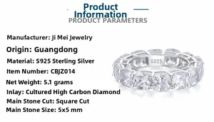 Detailed specs of S925 sterling silver ring with 5x5mm square-cut carbon diamond