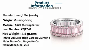 Détail macro de la bague en argent S925 avec diamants roses de taille baguette