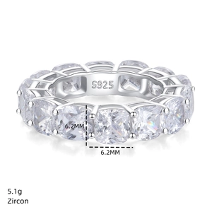 Macro shot of S925 sterling silver band with 6.2mm square zircon stones detail