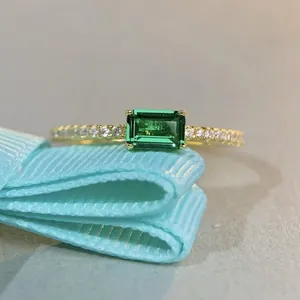 S925 Sterling Zilver Smaragd Slijpvorm Groene Strass Ring Luxe Verguld Geometrische Vierkante Suiker Vingerring Voor Vrouwen