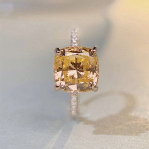 S925 silver yellow cushion cut high carbon diamond ring with pave side stones