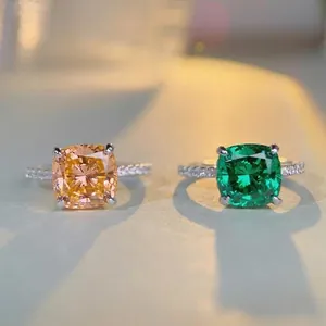 Pair of cushion-cut colorful gemstone rings in S925 sterling silver with halo pavé bands