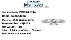 Detail of S925 sterling silver ring with emerald-cut 0.8ct carbon diamond and parameters