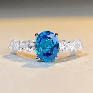 Luxury 925 Sterling Silver Oval Blue Zirconia Ring Elegant Inlaid Crystal Rings For Women Party Jewelry Gift