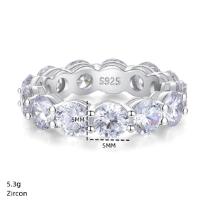 Macro detail of S925 sterling silver eternity ring with 5mm zircon stones