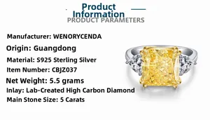 Macro view of 5ct radiant cut yellow carbon diamond on S925 sterling silver ring