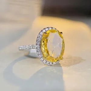 Bague de luxe 10 carats en argent S925 avec gemme jaune éclatante et entourage halo