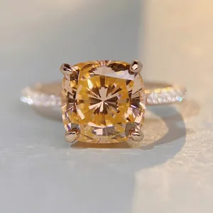 Luxurious 925 Sterling Silver Ring Cushion Cut Orange Zirconia Rose Gold Plated Pavé Rhinestone Wedding Banquet Ring For Women