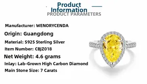 Detailed view of S925 sterling silver ring with 7-carat pear-cut yellow high carbon diamond